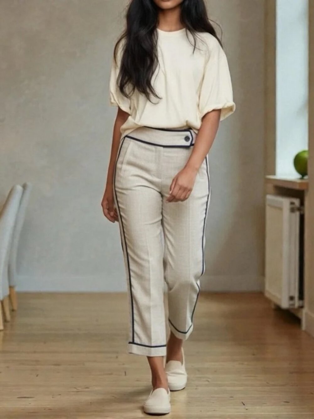 ** APM Monaco Neutral/ Navy Trim High Waisted Straight Leg Cuffed Trousers EU34